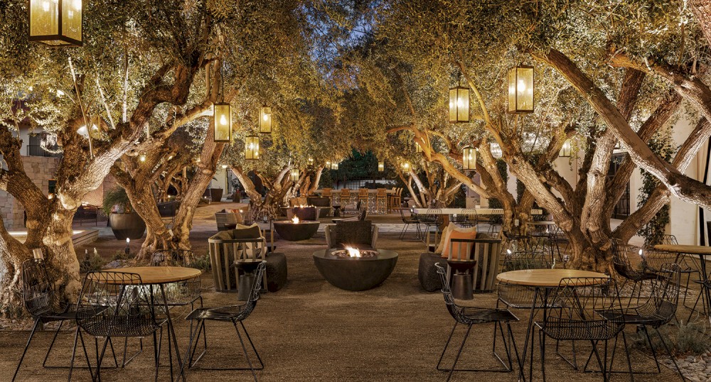 An outdoor dining area with tables and chairs under tree canopies adorned with hanging lanterns and string lights, creating a cozy ambiance.
