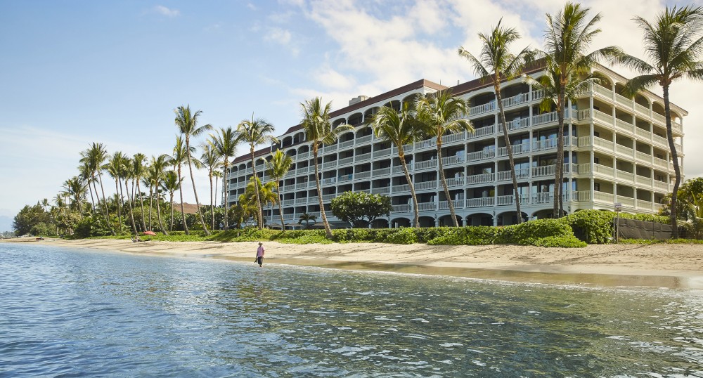 A beachfront hotel is surrounded by palm trees with a person walking along the sandy shore. The calm ocean is in the foreground.
