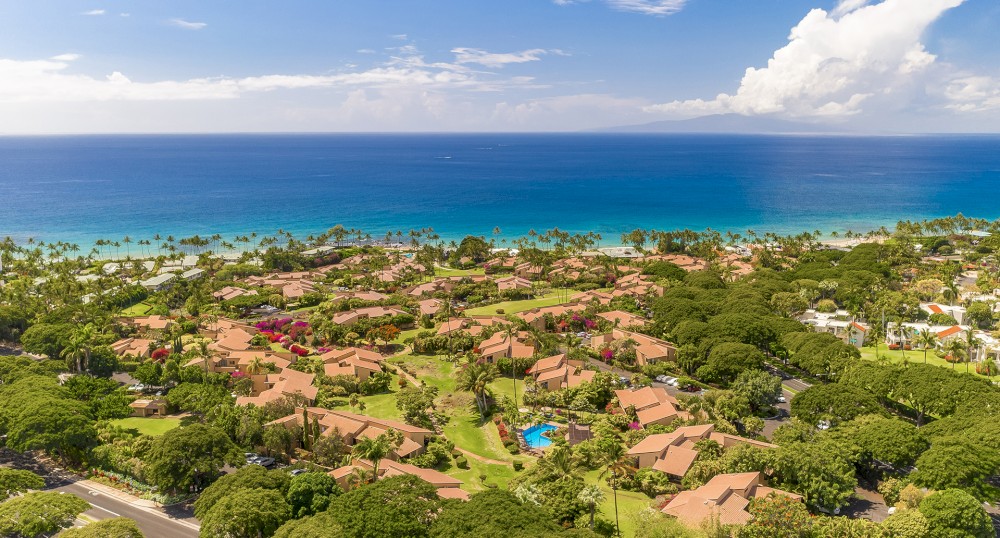 This image shows an aerial view of a coastal residential area with numerous houses, lush greenery, a pool, and a vibrant blue ocean in the background.