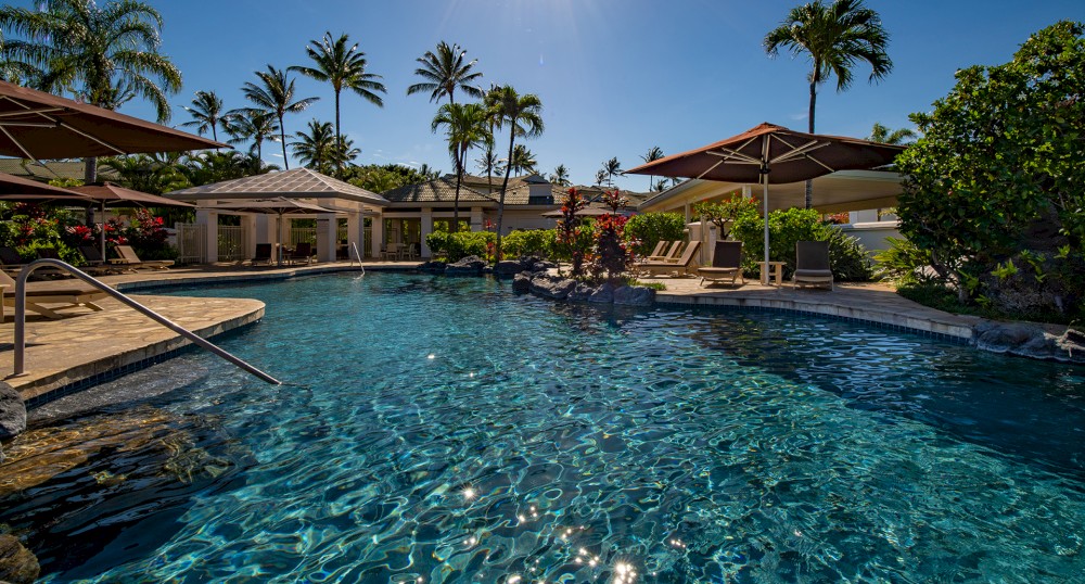 A serene outdoor pool area with lounge chairs, umbrellas, a landscaped garden, and tropical palm trees under a clear blue sky.